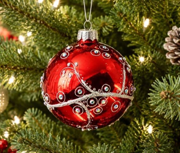 Boule de Noël verre soufflé rouge brillant volutes argentées pailletées cristaux irisés cercles argentés Ø8cm - Lilosquare
