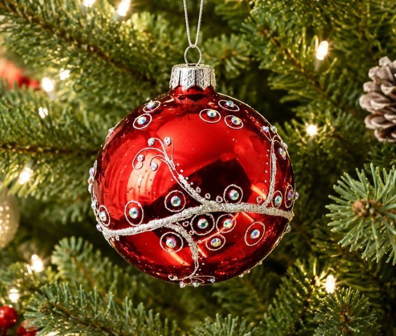 Boule de Noël verre soufflé rouge brillant volutes argentées pailletées cristaux irisés cercles argentés Ø8cm - Lilosquare