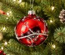 Voir la slide Boule de Noël verre soufflé rouge brillant volutes argentées pailletées cristaux irisés cercles argentés Ø8cm - Lilosquare