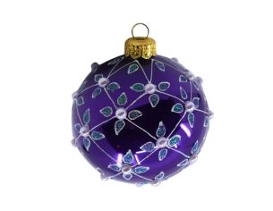 Boule de Noël verre soufflé violet brillant quadrillage argenté perles blanches motifs gouttes turquoise pailletées Ø8cm