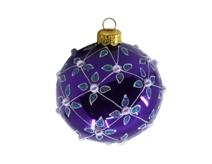Boule de Noël verre soufflé violet brillant quadrillage argenté perles blanches motifs gouttes turquoise pailletées Ø8cm