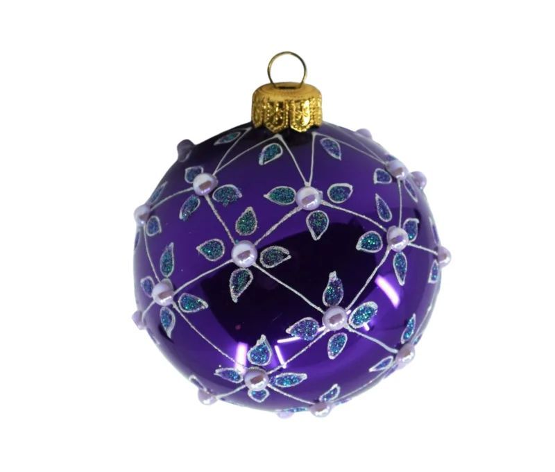 Boule de Noël verre soufflé violet brillant quadrillage argenté perles blanches motifs gouttes turquoise pailletées Ø8cm