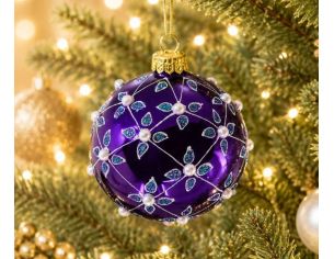 Boule de Noël verre soufflé violet brillant quadrillage argenté perles blanches motifs gouttes turquoise pailletées Ø8cm