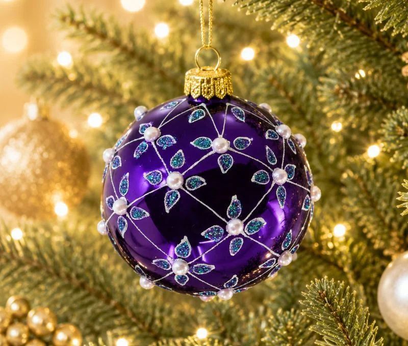 Boule de Noël verre soufflé violet brillant quadrillage argenté perles blanches motifs gouttes turquoise pailletées Ø8cm