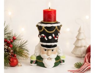 Bougeoir Noël résine tête de casse-noisette vert et noir détails dorés regard malicieux H9cm - Lilosquare