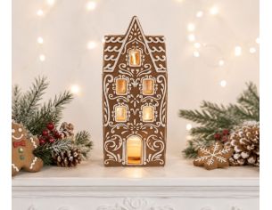Bougeoir Noël porcelaine maison pain d'épices marron motifs arabesques blancs fenêtres découpées H17cm - Lilosquare