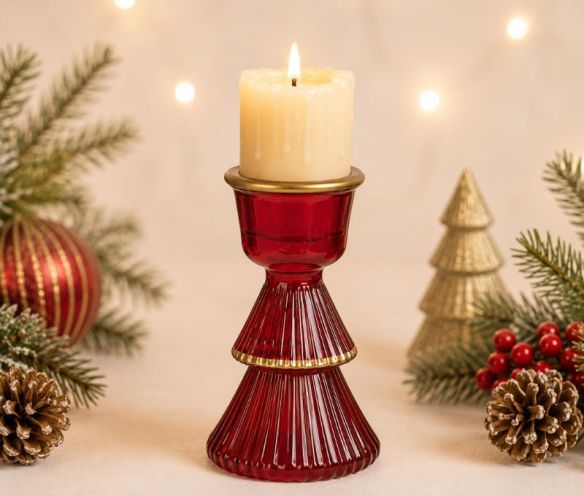 Chandelier Noël verre rouge brillant forme sapin deux étages côtelés anneau doré coupe bougie H10cm - Lilosquare