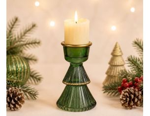 Chandelier Noël verre vert foncé brillant forme sapin deux étages côtelés anneau doré coupe bougie H10cm - Lilosquare