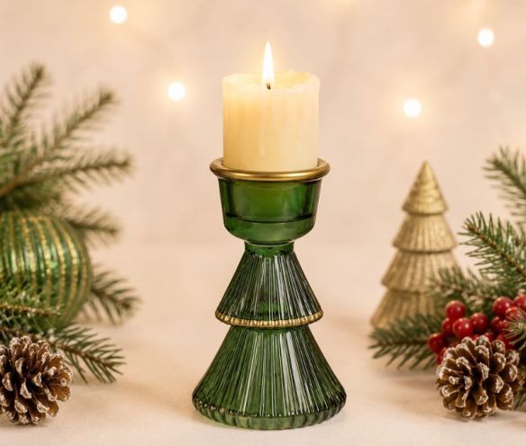 Chandelier Noël verre vert foncé brillant forme sapin deux étages côtelés anneau doré coupe bougie H10cm - Lilosquare