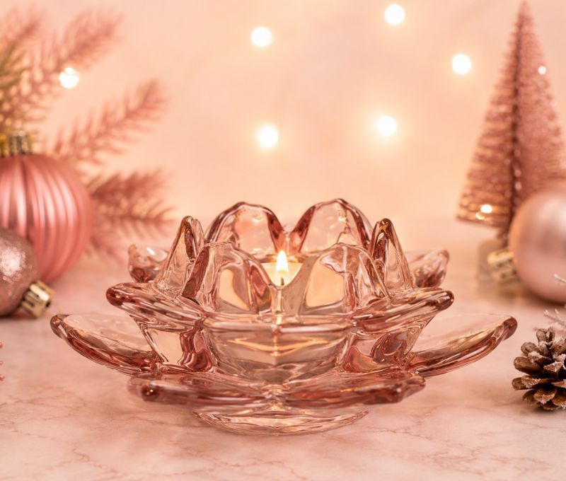 Bougeoir chauffe-plat verre rose transparent forme fleur de lotus pétales étagés D11,5cm - Lilosquare