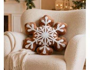 Coussin Noël forme flocon brun caramel effet pain d'épices broderie flocon blanche en relief D43cm - Lilosquare