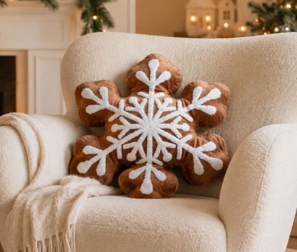 Coussin Noël forme flocon brun caramel effet pain d'épices broderie flocon blanche en relief D43cm - Lilosquare