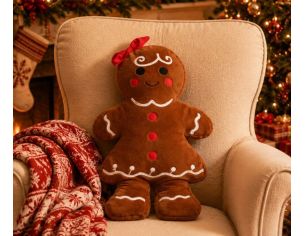 Coussin Noël velours brun forme bonhomme pain d'épices fille nœud rouge yeux noirs joues rouges broderies blanches H47cm