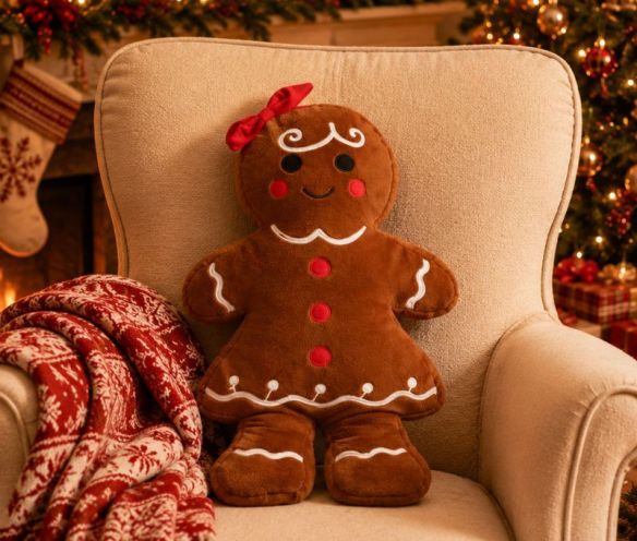 Coussin Noël velours brun forme bonhomme pain d'épices fille nœud rouge yeux noirs joues rouges broderies blanches H47cm