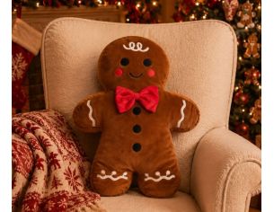 Coussin Noël velours brun chocolat forme bonhomme pain d'épices garçon nœud papillon rouge boutons noirs joues rouges H47cm