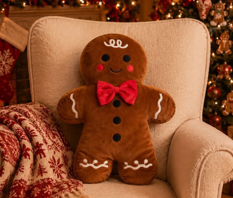 Coussin Noël velours brun chocolat forme bonhomme pain d'épices garçon nœud papillon rouge boutons noirs joues rouges H47cm