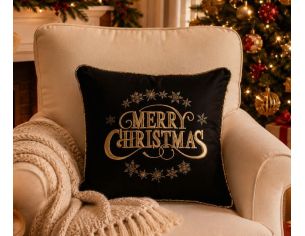 Coussin de Noël velours noir broderie dorée Merry Christmas flocons or liseré doré 47x47cm - Lilosquare
