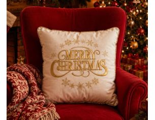 Coussin de Noël velours blanc broderie dorée Merry Christmas flocons or liseré doré 47x47cm - Lilosquare
