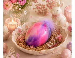 Oeuf de Pâques verre soufflé brillant rose fuchsia mauve jaune dégradé unique pompom plumes mauves H16cm - Lilosquare