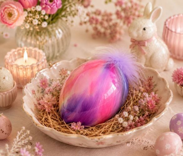 Oeuf de Pâques verre soufflé brillant rose fuchsia mauve jaune dégradé unique pompom plumes mauves H16cm - Lilosquare