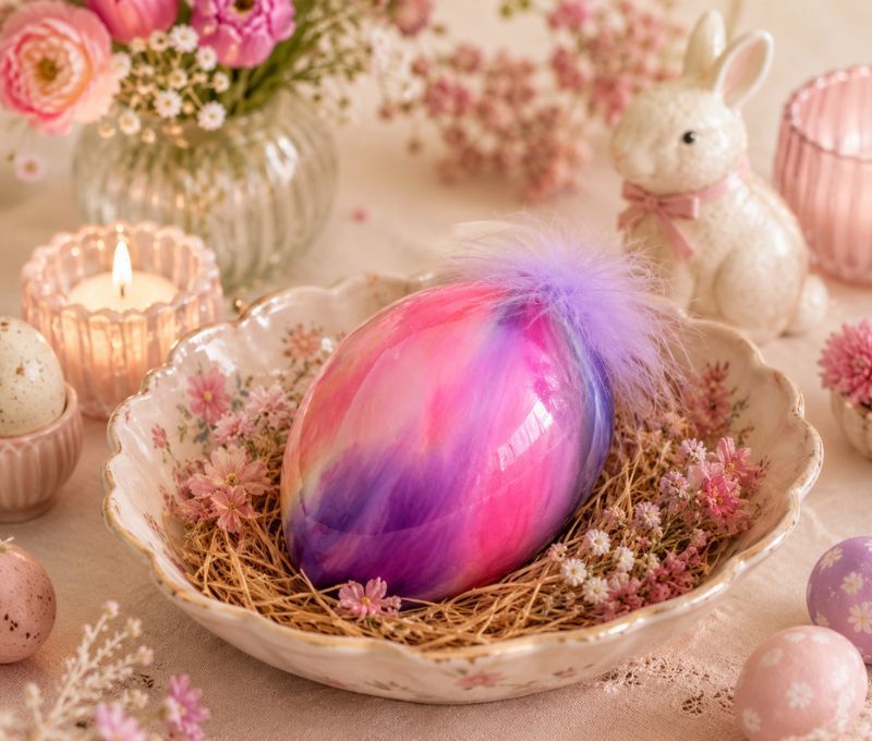 Oeuf de Pâques verre soufflé brillant rose fuchsia mauve jaune dégradé unique pompom plumes mauves H16cm - Lilosquare