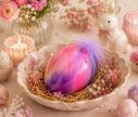Voir la slide Oeuf de Pâques verre soufflé brillant rose fuchsia mauve jaune dégradé unique pompom plumes mauves H16cm - Lilosquare