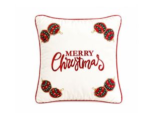 Coussin de Noël velours blanc inscription Merry Christmas rouge quatre paires boules rouge vert or brodées liseré rouge 45x45cm