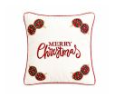 Voir la slide Coussin de Noël velours blanc inscription Merry Christmas rouge quatre paires boules rouge vert or brodées liseré rouge 45x45cm