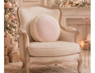 Coussin rond forme macaron velours rose poudré sherpa bouclé crème tranche épaisse D34cm épaisseur 9cm - Lilosquare