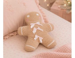 Coussin Noël bouclette beige forme bonhomme pain d'épices trois nœuds satin rose joues roses sourire brodé 35x38cm - Lilosquare