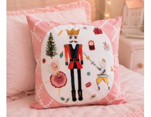 Coussin de Noël fond tartan rose illustration ronde casse-noisette ballerine roi des souris sapin cadeaux 45x45cm - Lilosquare