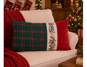 Coussin de Noël rectangulaire tartan vert bande centrale houx baies rouges imprimé velours rouge 30x50cm - Lilosquare