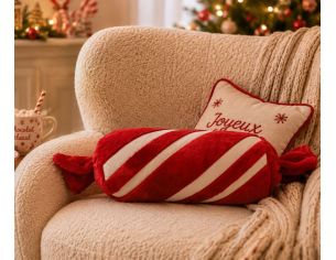 Grand coussin décoratif pour Noël en forme de bonbon rouge bordeaux et blanc. Taille : 50cm