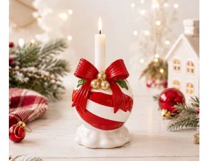 Bougeoir boule de Noël résine brillante rayures rouge et blanc nœud rouge baies dorées feuilles vertes H14cm