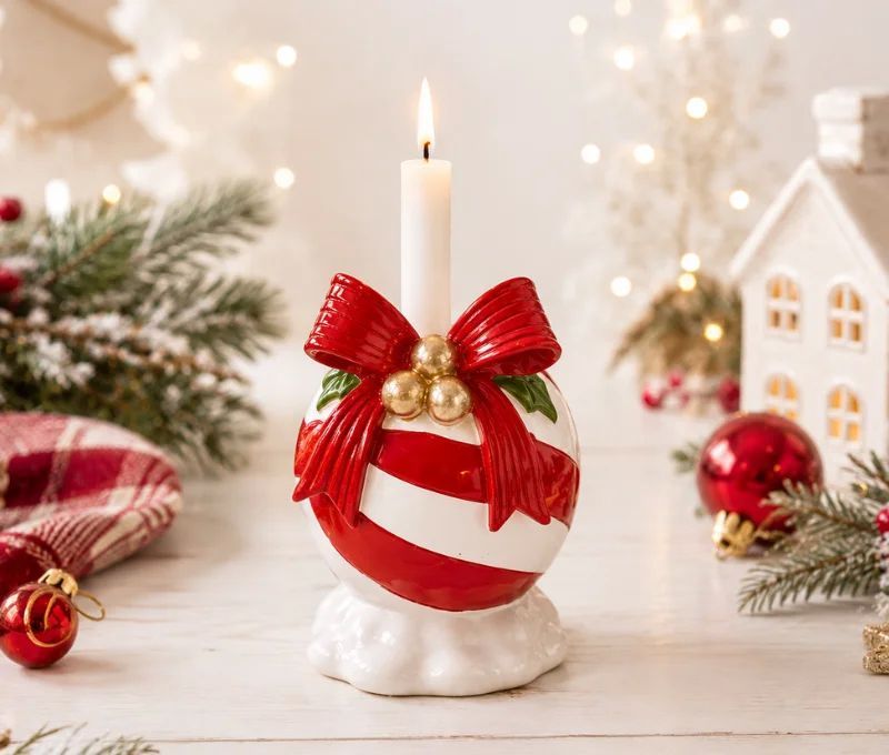 Bougeoir boule de Noël résine brillante rayures rouge et blanc nœud rouge baies dorées feuilles vertes H14cm