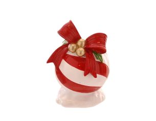 Bougeoir boule de Noël résine brillante rayures rouge et blanc nœud rouge baies dorées feuilles vertes H14cm
