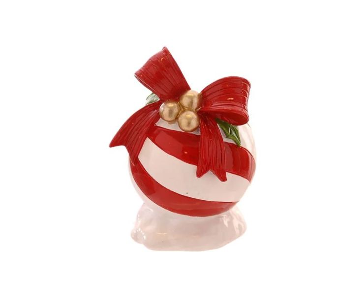 Bougeoir boule de Noël résine brillante rayures rouge et blanc nœud rouge baies dorées feuilles vertes H14cm