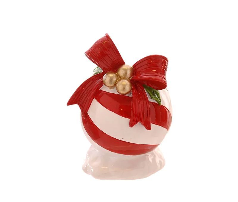 Bougeoir boule de Noël résine brillante rayures rouge et blanc nœud rouge baies dorées feuilles vertes H14cm