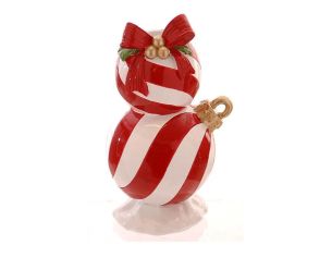 Bougeoir Noël résine brillante deux boules empilées rayures rouge et blanc nœud rouge baies dorées attache dorée H19cm