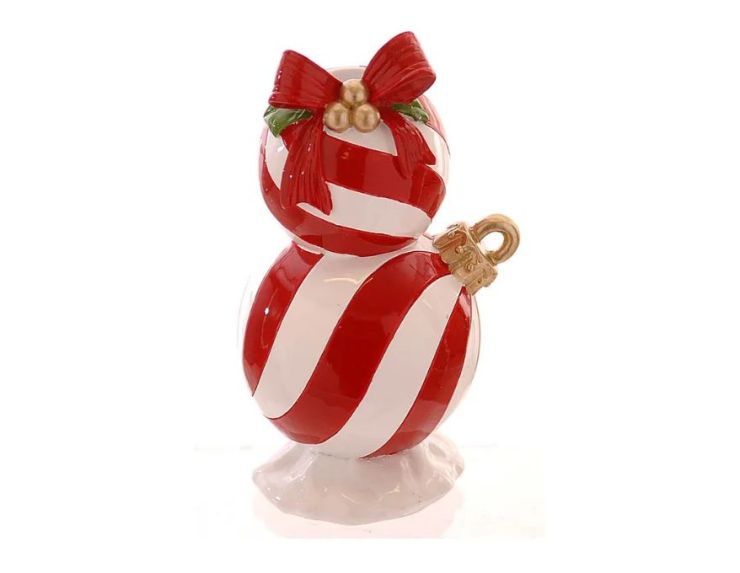 Bougeoir Noël résine brillante deux boules empilées rayures rouge et blanc nœud rouge baies dorées attache dorée H19cm