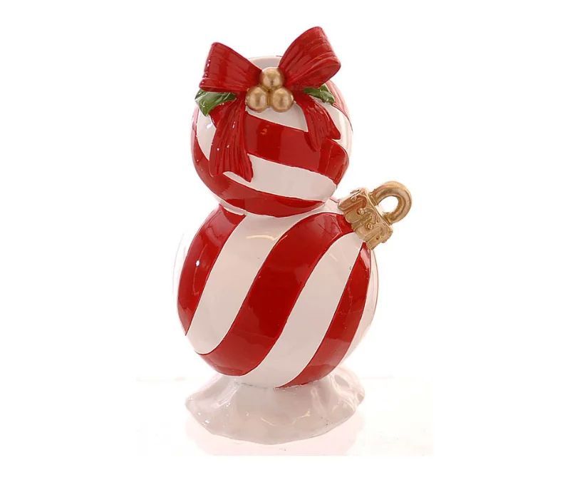 Bougeoir Noël résine brillante deux boules empilées rayures rouge et blanc nœud rouge baies dorées attache dorée H19cm