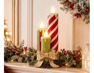 Trio de bougies Noël résine lumineuse deux grandes rayées rouge blanc une verte nœud doré houx base décorative H41cm