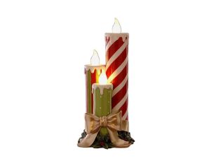 Trio de bougies Noël résine lumineuse deux grandes rayées rouge blanc une verte nœud doré houx base décorative H41cm