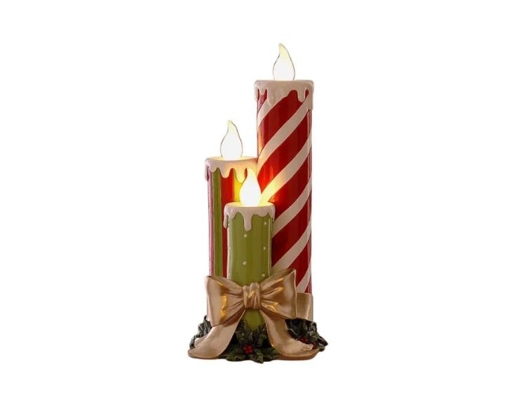 Trio de bougies Noël résine lumineuse deux grandes rayées rouge blanc une verte nœud doré houx base décorative H41cm