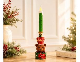 Décoration Noël résine bougie LED verte à pois ours brun couronne rouge dorée socle vert poinsettia rouge H45cm