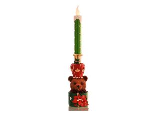 Décoration Noël résine bougie LED verte à pois ours brun couronne rouge dorée socle vert poinsettia rouge H45cm