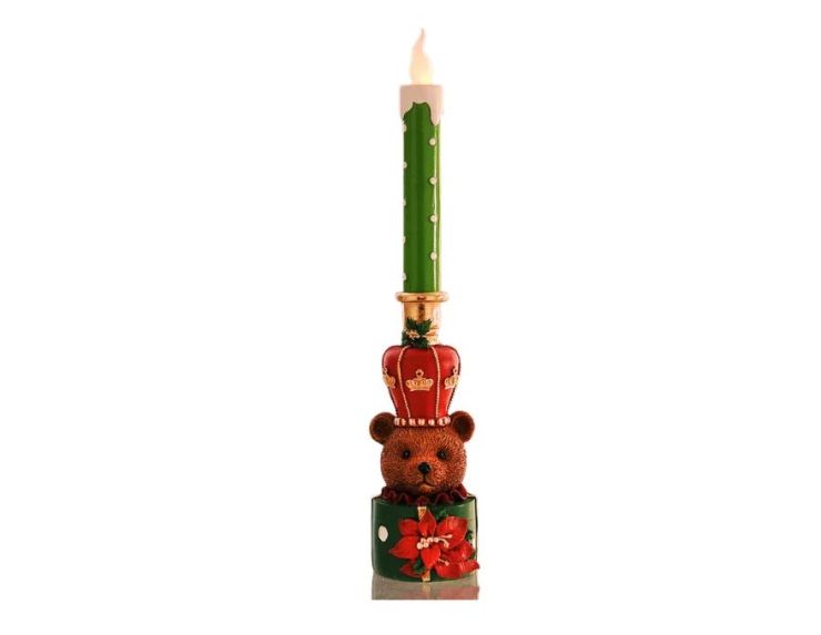 Décoration Noël résine bougie LED verte à pois ours brun couronne rouge dorée socle vert poinsettia rouge H45cm