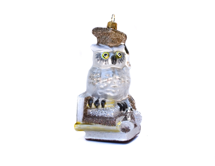 Boule de Noël hibou en verre soufflé avec chapeau graduation - H 15cm