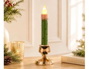 Bougie LED Noël résine vert pois bordeaux flamme LED chandelier doré nœud doré houx baies rouges H35cm