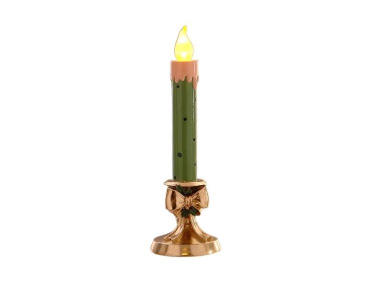 Bougie LED Noël résine vert pois bordeaux flamme LED chandelier doré nœud doré houx baies rouges H35cm
